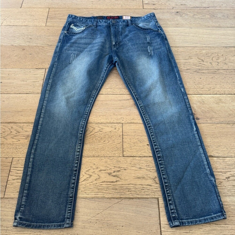 GS-115 Premium Blue Distressed Straight Leg Size 40 Embroidered‎ Pocket (1110)